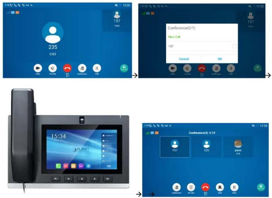 1142 17:51 157 Hold 235 0:03 Video Transfer Chat Conference link 1142 17:52 157 Hold Conference(0/1) New Call 157 Cancel OK Video Transfer Chat Conference link 15:34 PLANET Conference(4) 0:19 157 235 pass 876 Conference Buy Hot Sell Hold