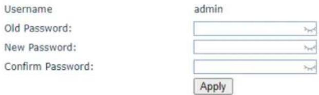 Username admin Old Password: New Password: Confirm Password: Apply