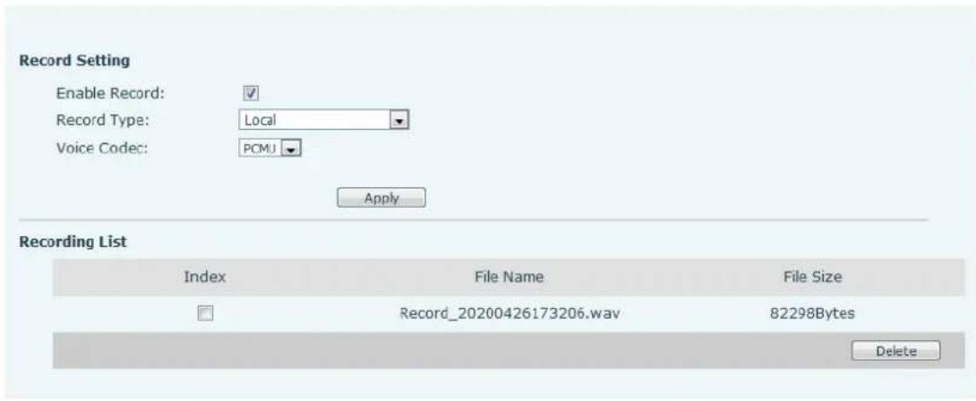 Record Setting Enable Record: ✓ Record Type: Local Voice Codec: PCMJJ Apply Recording List Index File Name File Size Record_20200426173206.wav 82298Bytes Delete