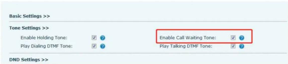 Basic Settings >> Tone Settings >> Enable Holding Tone: ✓ ? Play Dialing DTMF Tone: ✓ ? Enable Call Waiting Tone: ✓ ? Play Talking DTMF Tone: ✓ ? DND Settings >>