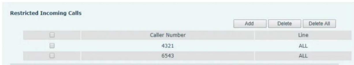 Restricted Incoming Calls Add Delete Delete All Caller Number Line 4321 ALL 6543 ALL