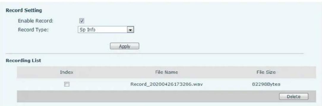Record Setting Enable Record: ✓ Record Type: Sp Info Apply Recording List Index File Name File Size Record_20200426173206.wav 82298Bytes Delete