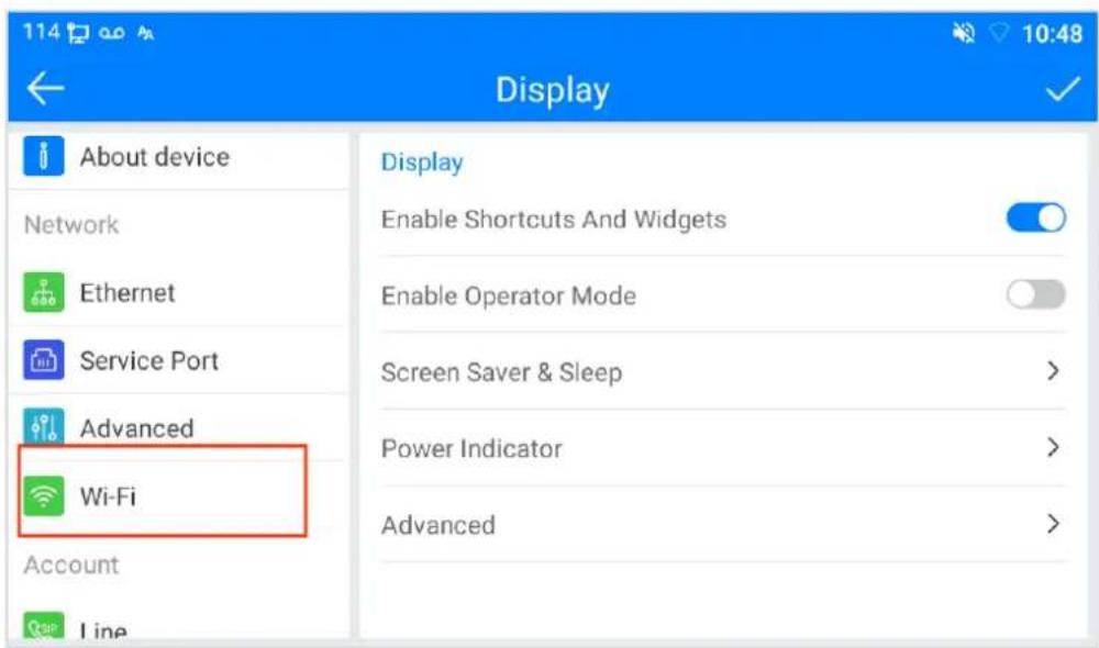 114 10:48 Display About device Network Ethernet Service Port Advanced Wi-Fi Account Line Display Enable Shortcuts And Widgets Enable Operator Mode Screen Saver & Sleep > Power Indicator > Advanced >