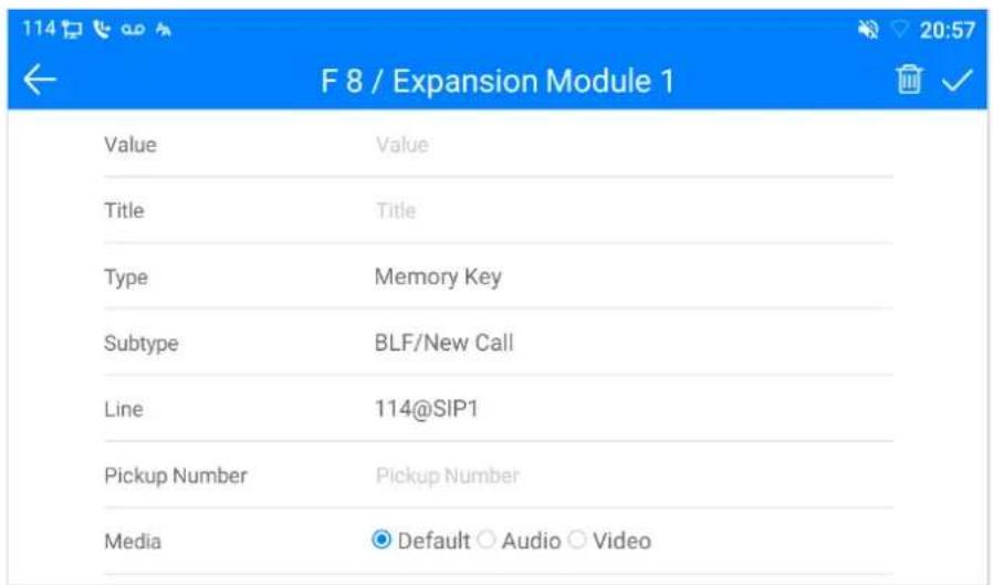114 F8 / Expansion Module 1 Value Value Title Title Type Memory Key Subtype BLF/New Call Line 114@SIP1 Pickup Number Pickup Number Media Default Audio Video