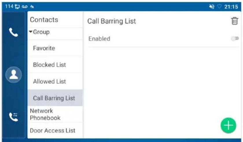 Contacts Group Favorite Blocked List Allowed List Call Barring List Network Phonebook Door Access List Call Barring List Enabled