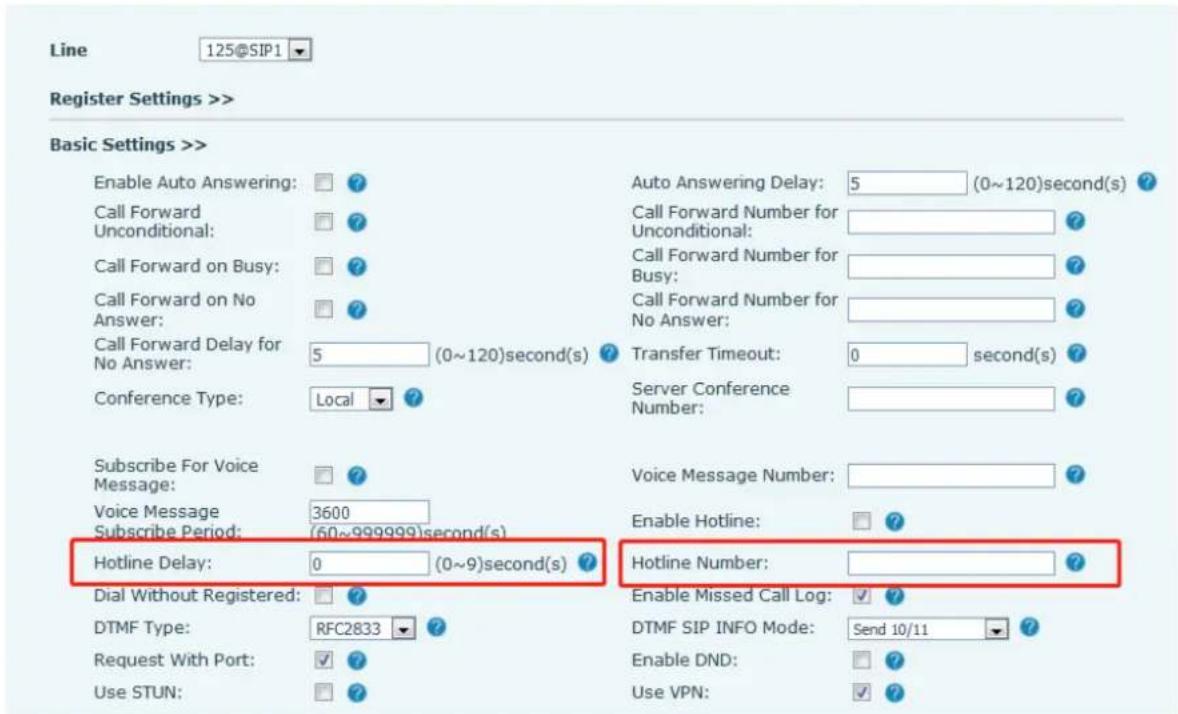 Line 125@SIP1 Register Settings >> Basic Settings >> Enable Auto Answering: ? Call Forward Unconditional: ? Call Forward on Busy: ? Call Forward on No Answer: ? Call Forward Delay for No Answer: 5 (0~120)second(s) ? Conference Type: Local ? Subscribe For Voice Message: ? Voice Message 3600 Subscribe Period: (60~999999)second(s) Hotline Delay: 0 (0~9)second(s) ? Dial Without Registered: ? DTMF Type: RFC2833 ? Request With Port: ✓ ? Use STUN: ? Auto Answering Delay: 5 (0~120)second(s) ? Call Forward Number for Unconditional: Call Forward Number for Busy: Call Forward Number for No Answer: Transfer Timeout: 0 second(s) ? Server Conference Number: Voice Message Number: Enable Hotline: ? Hotline Number: Enable Missed Call Log: ✓ ? DTMF SIP INFO Mode: Send 10/11 ? Enable DND: ? Use VPN: ✓ ?