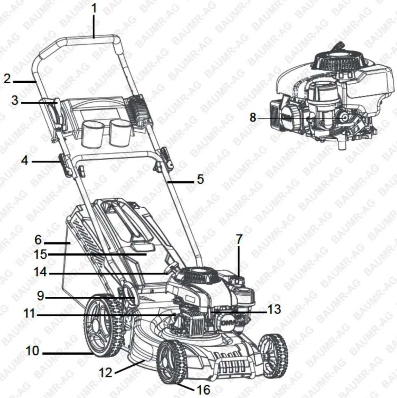 Technical diagram of a lawn mower with numbered parts and exploded view, showing internal components and assembly details.