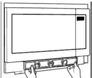 Line drawing of a microwave oven with hands operating the lid (no text or symbols)