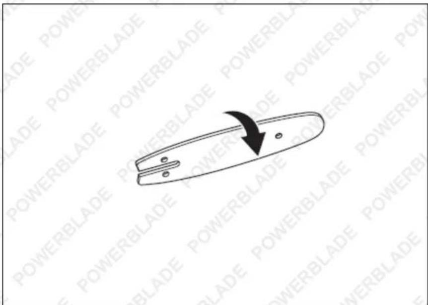 Diagram of a device with powerblade marking and directional arrow, surrounded by repeated 'POWERBLADE' text on a background.