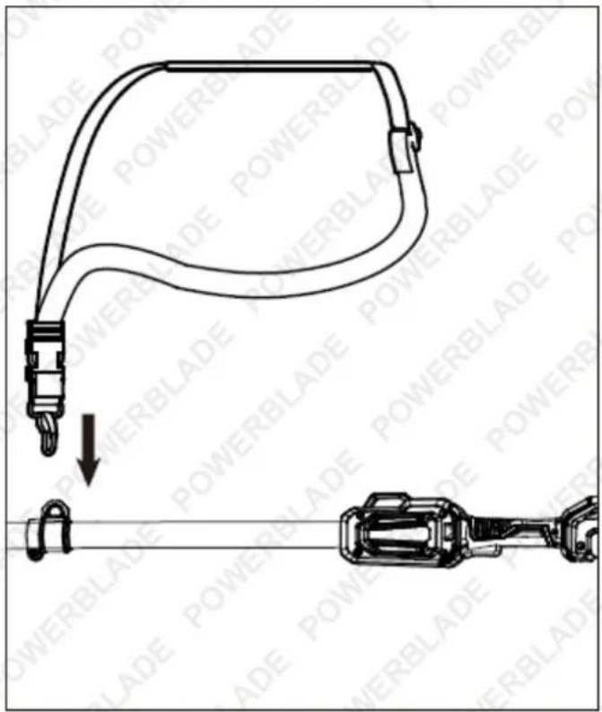 Technical diagram showing a cable clamp assembly with downward force arrow and labeled powerblade components