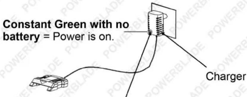 Constant Green with no battery = Power is on. Charger