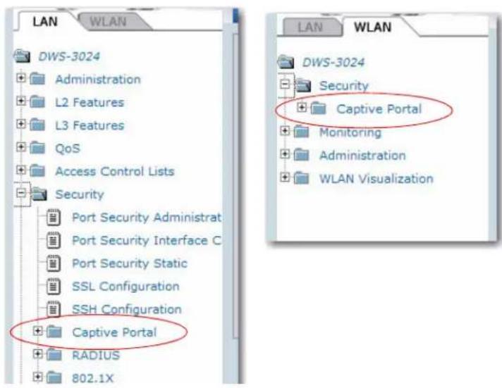 LAN WLAN DWS-3024 Administration L2 Features L3 Features QoS Access Control Lists Security Port Security Administrat Port Security Interface C Port Security Static SSL Configuration SSH Configuration Captive Portal RADIUS 802.1X LAN WLAN DWS-3024 Security Captive Portal Monitoring Administration WLAN Visualization