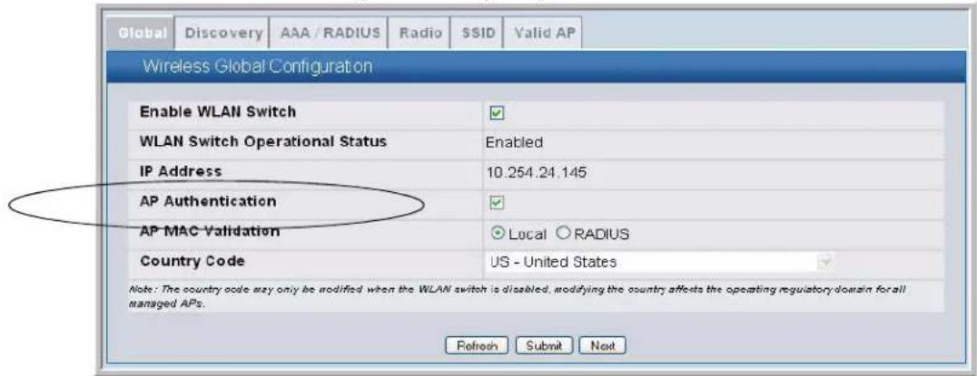 Global Discovery AAA / RADIUS Radio SSID Valid AP Wireless Global Configuration Enable WLAN Switch ✓ WLAN Switch Operational Status Enabled IP Address 10.254.24.145 AP Authentication ✓ AP MAC Validation ● Local ○ RADIUS Country Code US - United States ✓ Note: The country code may only be modified when the WLAN switch is disabled, modifying the country affects the operating regulatory domain for all managed APs. Refresh Submit Next