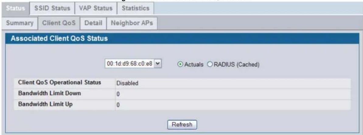 Status SSID Status VAP Status Statistics Summary Client QoS Detail Neighbor APs Associated Client QoS Status 00:1d:d9:68:c0:e8 Actuals RADIUS (Cached) Client QoS Operational Status Disabled Bandwidth Limit Down 0 Bandwidth Limit Up 0 Refresh