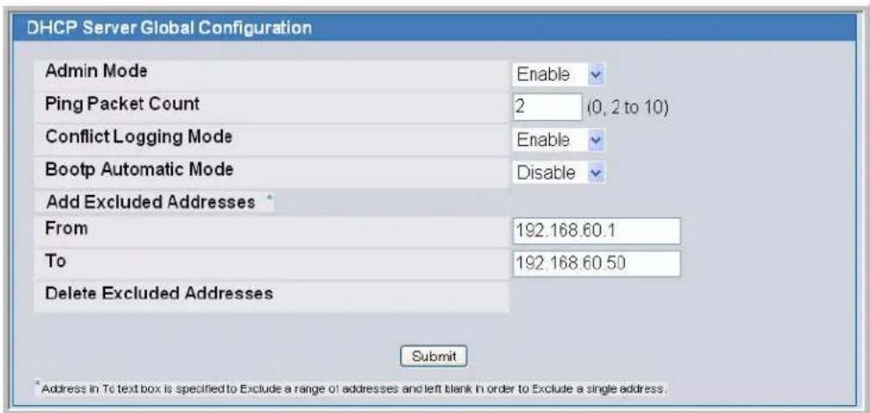 DHCP Server Global Configuration Admin Mode Enable Ping Packet Count 2 (0, 2 to 10) Conflict Logging Mode Enable Bootp Automatic Mode Disable Add Excluded Addresses From 192.168.60.1 To 192.168.60.50 Delete Excluded Addresses Submit Address in To text box is specified to Exclude a range of addresses and left blank in order to Exclude a single address.