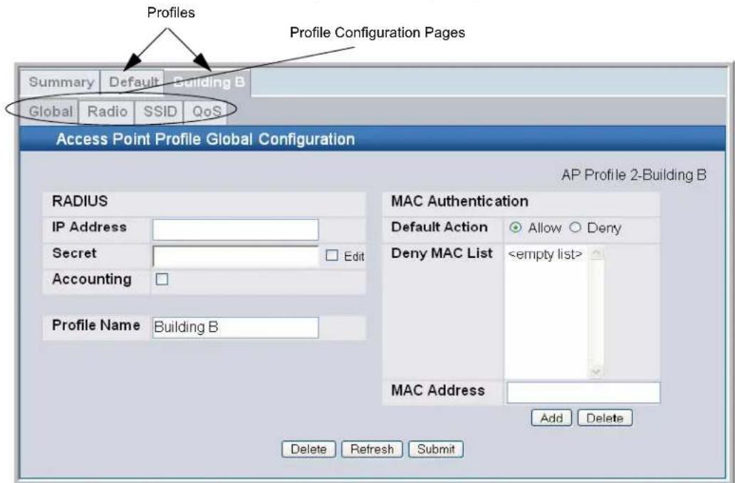Profiles Profile Configuration Pages Summary Default Building B Global Radio SSID QoS Access Point Profile Global Configuration RADIUS IP Address Secret Accounting Profile Name Building B MAC Authentication Default Action Allow Deny Deny MAC List MAC Address Add Delete Delete Refresh Submit