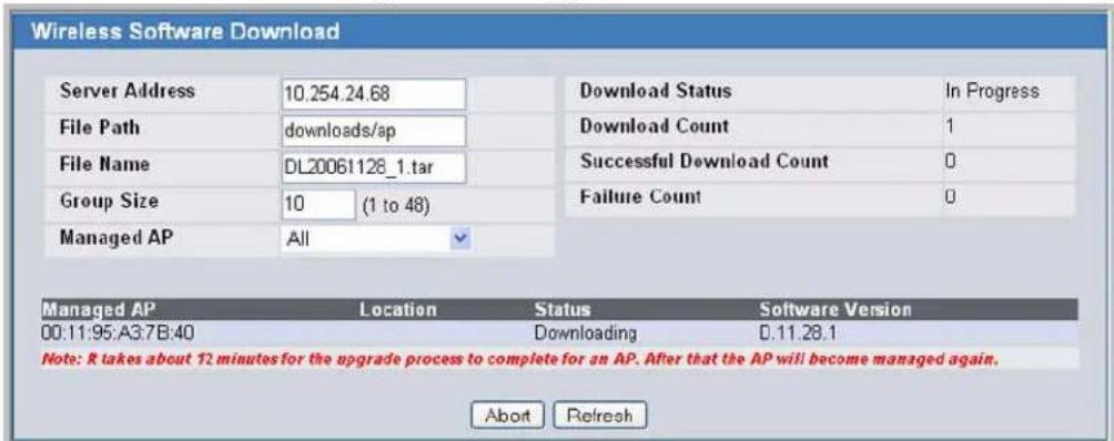 Wireless Software Download Server Address 10.254.24.68 File Path downloads/ap File Name DL20061128_1.tar Group Size 10 (1 to 48) Managed AP All Download Status In Progress Download Count 1 Successful Download Count 0 Failure Count 0 Managed AP Location Status Software Version 00:11:95:A3.7B:40 Downloading D.11.28.1 Note: R takes about 12 minutes for the upgrade process to complete for an AP. After that the AP will become managed again. Abort Refresh