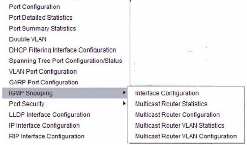 Port Configuration Port Detailed Statistics Port Summary Statistics Double VLAN DHCP Filtering Interface Configuration Spanning Tree Port Configuration/Status VLAN Port Configuration GARP Port Configuration IGMP Snooping ▶ Interface Configuration Port Security ▶ Multicast Router Statistics LLDP Interface Configuration Multicast Router Configuration IP Interface Configuration Multicast Router VLAN Statistics RIP Interface Configuration Multicast Router VLAN Configuration
