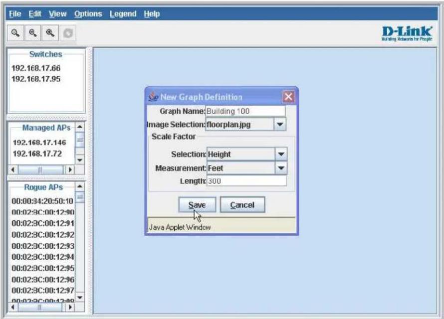File Edit View Options Legend Help Switches 192.168.17.66 192.168.17.95 Managed APs 192.168.17.146 192.168.17.72 Rogue APs 00:00:34:20:50:10 00:02:BC:00:12:90 00:02:BC:00:12:91 00:02:BC:00:12:92 00:02:BC:00:12:93 00:02:BC:00:12:94 00:02:BC:00:12:95 00:02:BC:00:12:96 00:02:BC:00:12:97 00:02:BC:00:12:98 New Graph Definition Graph Name: Building 100 Image Selection: floorplan.jpg Scale Factor Selection Height Measurement Feet Length 300 Save Cancel Java Applet Window