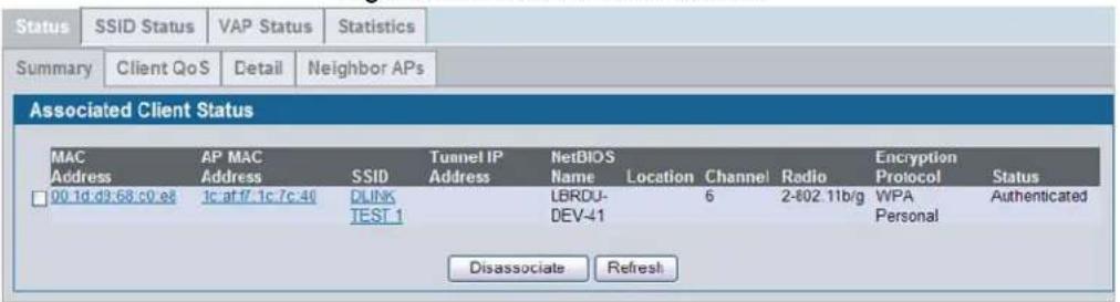 Status SSID Status VAP Status Statistics Summary Client QoS Detail Neighbor APs Associated Client Status MAC Address AP MAC Address SSID Tunnel IP NetBIOS 00.1d.d9:68.c0.e8 1c.af.f/.1c.7c.40 DLINK LBRDU- TEST.1 DEV-41 6 2-802.11b/g WPA Personal Disassociate Refresh
