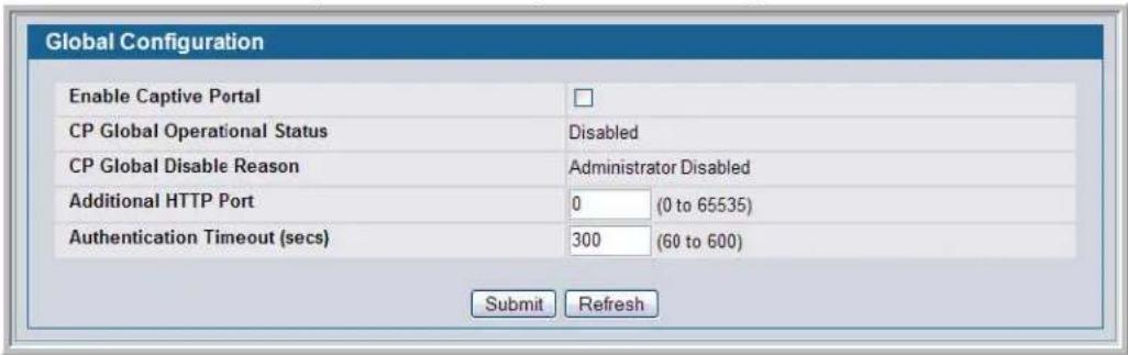 Global Configuration Enable Captive Portal CP Global Operational Status CP Global Disable Reason Additional HTTP Port Authentication Timeout (secs) Disabled Administrator Disabled 0 (0 to 65535) 300 (60 to 600) Submit Refresh