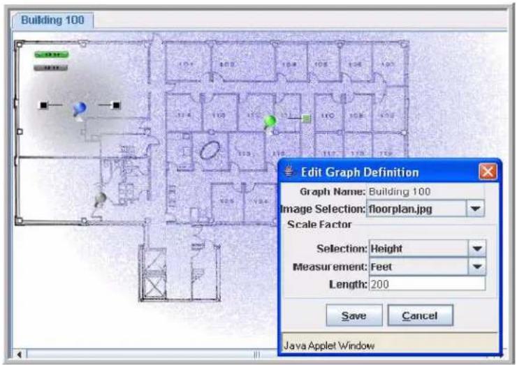Building 100 Edit Graph Definition Graph Name: Building 100 Image Selection: floorplan.jpg Scale Factor Selection: Height Measurement: Feet Length: 200 Save Cancel Java Applet Window