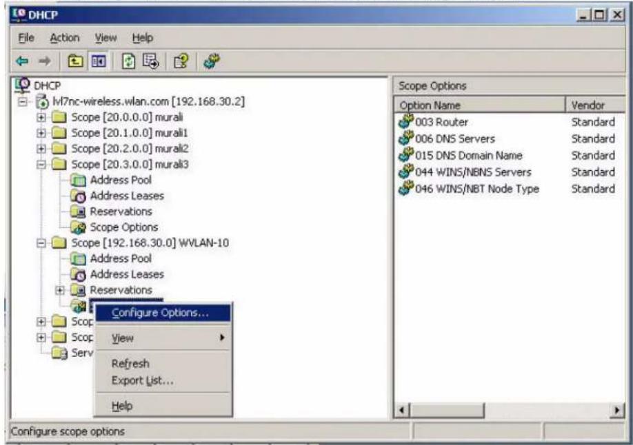 DHCP File Action View Help DHCP M7nc-wireless.wlan.com [192.168.30.2] Scope [20.0.0.0] murali Scope [20.1.0.0] murali1 Scope [20.2.0.0] murali2 Scope [20.3.0.0] murali3 Address Pool Address Leases Reservations Scope Options Scope [192.168.30.0] WVLAN-10 Address Pool Address Leases Reservations Configure Options... View Refresh Export List... Help Scope Options Option Name Vendor 003 Router Standard 006 DNS Servers Standard 015 DNS Domain Name Standard 044 WINS/NBNS Servers Standard 046 WINS/NBT Node Type Standard Configure scope options