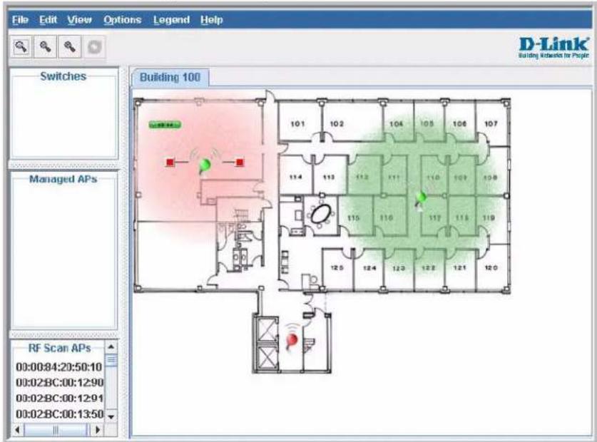 File Edit View Options Legend Help D-Link® Building Relationship for People Switches Building 100 Managed APs RF Scan APs 00:00:84:20:50:10 00:02:BC:00:12:90 00:02:BC:00:12:91 00:02:BC:00:13:50