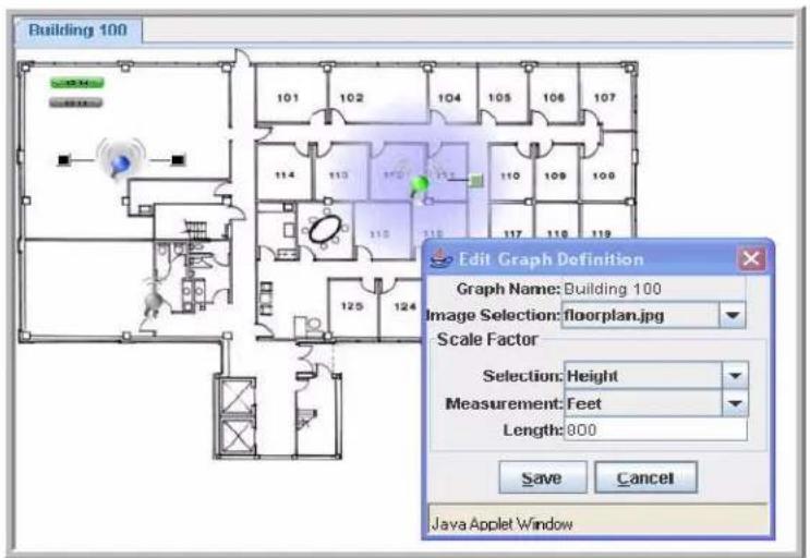 Building 100 101 102 104 105 106 107 114 113 112 111 110 109 108 125 124 115 116 117 118 119 Edit Graph Definition Graph Name: Building 100 Image Selection: floorplan.jpg Scale Factor Selection: Height Measurement: Feet Length: 800 Save Cancel Java Applet Window