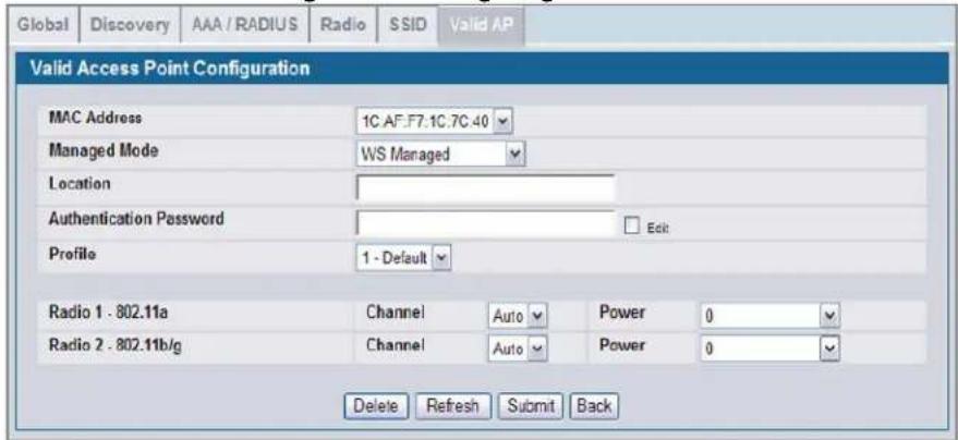 Global | Discovery | AAA / RADIUS | Radio | SSID | Valid AP | Valid Access Point Configuration MAC Address 1C AF.F7.1C.7C.40 Managed Mode WS Managed Location Authentication Password Edit Profile 1 - Default Radio 1 : 802.11a Channel Auto Power 0 Radio 2 : 802.11b/g Channel Auto Power 0 Delete Refresh Submit Back