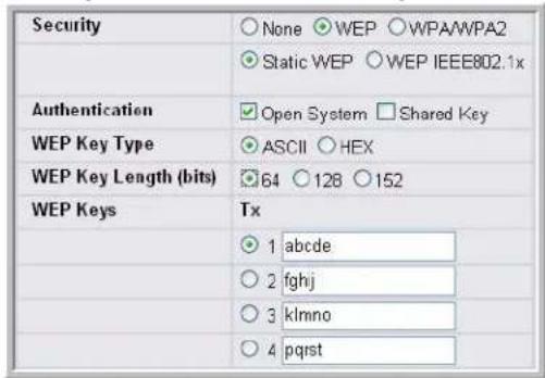 Security None ⬤ WEP ○WPA/WPA2 Static WEP ○WEP IEEE802.1x Authentication Open System Shared Key WEP Key Type ASCII ○HEX WEP Key Length (bits) 64 ○128 ○152 WEP Keys Tx ○ 1 abcde ○ 2 fghj ○ 3 klmno ○ 4 pqrst