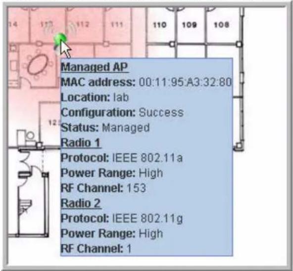 Managed AP MAC address: 00:11:95:A3:32:80 Location: lab Configuration: Success Status: Managed Radio 1 Protocol: IEEE 802.11a Power Range: High RF Channel: 153 Radio 2 Protocol: IEEE 802.11g Power Range: High RF Channel: 1
