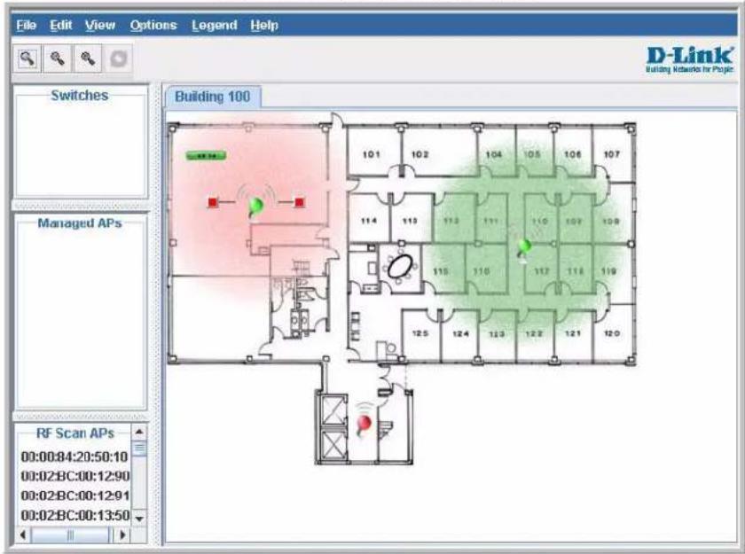 File Edit View Options Legend Help D-Link® Building Networks for People Switches Building 100 Managed APs RF Scan APs 00:00:84:20:50:10 00:02:BC:00:12:90 00:02:BC:00:12:91 00:02:BC:00:13:50