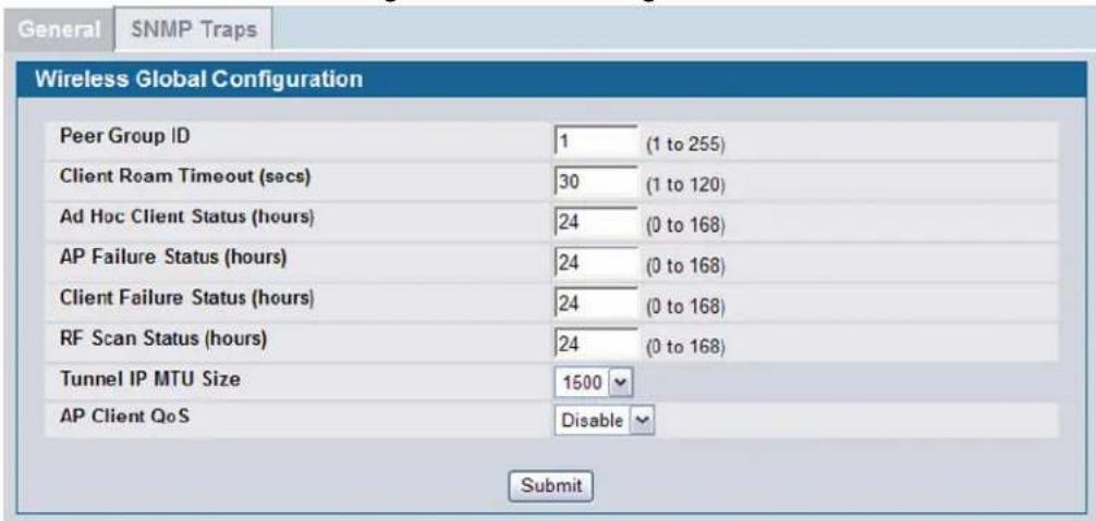 Wireless Global Configuration Peer Group ID 1 (1 to 255) Client Roam Timeout (secs) 30 (1 to 120) Ad Hoc Client Status (hours) 24 (0 to 168) AP Failure Status (hours) 24 (0 to 168) Client Failure Status (hours) 24 (0 to 168) RF Scan Status (hours) 24 (0 to 168) Tunnel IP MTU Size 1500 AP Client QoS Disable Submit