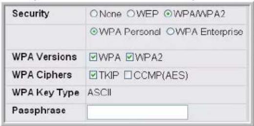 Security None WEP WPAMPA2 WPA Personal OWPA Enterprise WPA Versions WPA WPA2 WPA Ciphers TKIP CCMP(AES) WPA Key Type ASCII Passphrase