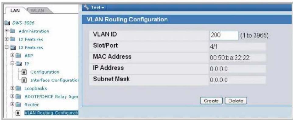 LAN WLAN DWS-3026 Administration L2 Features L3 Features ARP IP Configuration Interface Configuration Loopbacks BOOTP/DHCP Relay Ager Router VLAN Routing Configuration VLAN ID 200 (1 to 3965) Slot/Port 4/1 MAC Address 00:50:ba:22:22: IP Address 0.0.0.0 Subnet Mask 0.0.0.0 Create Delete