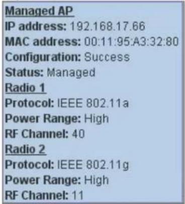Managed AP IP address: 192.168.17.66 MAC address: 00:11:95:A3:32:80 Configuration: Success Status: Managed Radio 1 Protocol: IEEE 802.11a Power Range: High RF Channel: 40 Radio 2 Protocol: IEEE 802.11g Power Range: High RF Channel: 11