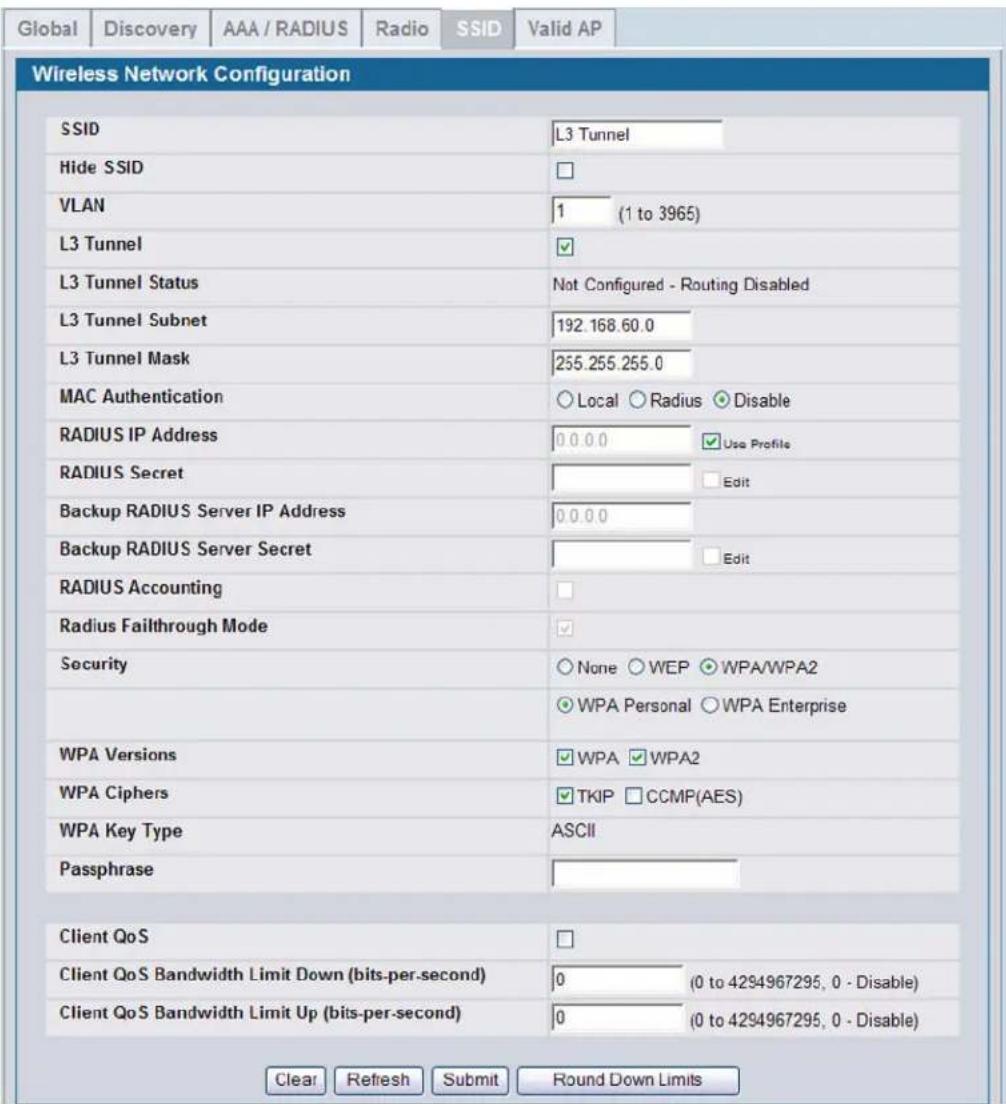Global | Discovery | AAA / RADIUS | Radio | SSID | Valid AP | Wireless Network Configuration SSID L3 Tunnel Hide SSID VLAN 1 (1 to 3965) L3 Tunnel L3 Tunnel Status Not Configured - Routing Disabled L3 Tunnel Subnet 192.168.60.0 L3 Tunnel Mask 255.255.255.0 MAC Authentication ○ Local ○ Radius ○ Disable RADIUS IP Address 0.0.0.0 ○ Use Profile RADIUS Secret □ Edit Backup RADIUS Server IP Address 0.0.0.0 Backup RADIUS Server Secret □ Edit RADIUS Accounting Radius Failthrough Mode Security ○ None ○ WEP ○ WPA/WPA2 WPA Versions ○ WPA Personal ○ WPA Enterprise WPA Ciphers ○ WPA □ WPA2 WPA Key Type ASCII Passphrase Client QoS □ Client QoS Bandwidth Limit Down (bits-per-second) 0 (0 to 4294967295, 0 - Disable) Client QoS Bandwidth Limit Up (bits-per-second) 0 (0 to 4294967295, 0 - Disable) Clear Refresh Submit Round Down Limits