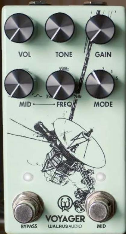 VOL TONE GAIN 550Hz 350Hz 2kHz MID ← FREQ MODE VOYAGER BYPASS WALRUS AUDIO MID