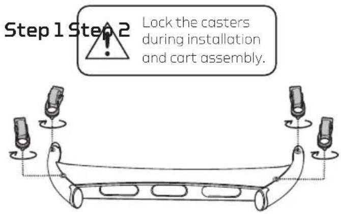 Step 1 Step 2 Lock the casters during installation and cart assembly.