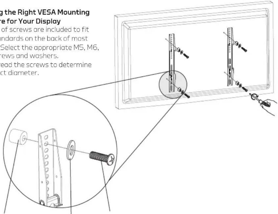 g the Right VESA Mounting are for Your Display of screws are included to fit standards on the back of most Select the appropriate M5, M6, rews and washers. ead the screws to determine ct diameter.