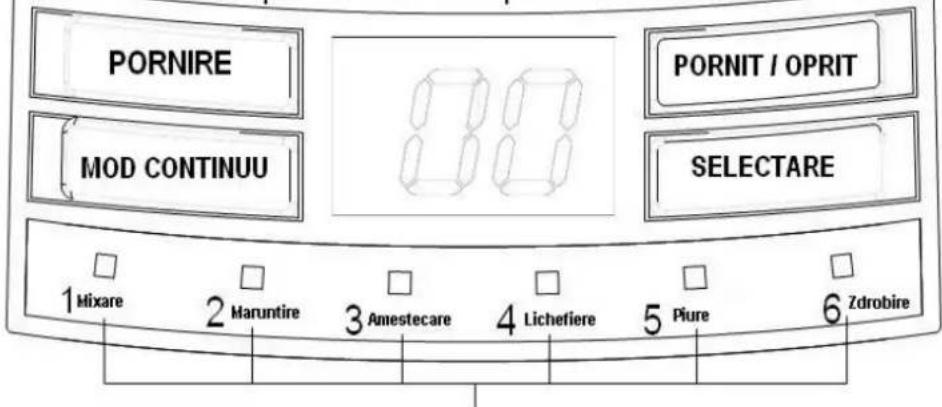 PORNIRE MOD CONTINUU 1 Mixare 2 Maruntire 3 Amestecare 4 Lichefiere 5 Piure 6 Zdrobire PORNIT / OPRIT SELECTARE