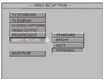 -- VIDEO SETUP PAGE -- TV STANDARD TV DISPLAY CLOSED CAPTIONS VIDEO OUTPUT PROGRESSIVE SMART PICTURE MAIN PAGE STANDARD BRIGHT SOFT PERSONAL