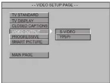 -- VIDEO SETUP PAGE -- TV STANDARD TV DISPLAY CLOSED CAPTIONS VIDEO OUTPUT PROGRESSIVE SMART PICTURE S-VIDEO YPBPT MAIN PAGE