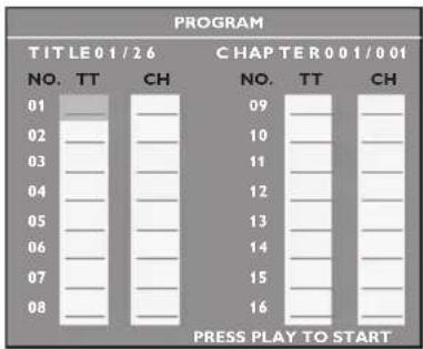 PROGRAM TIT L E 01 / 26 CH A P T E R 00 1 / 00 1 NO. TT CH 01 02 03 04 05 06 07 08 09 10 11 12 13 14 15 16 PRESS PLAY TO START