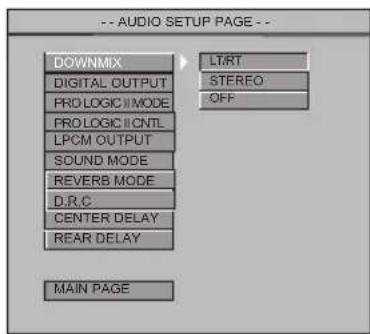 -- AUDIO SETUP PAGE -- DOWNMIX DIGITAL OUTPUT PROLOGIC II MODE PROLOGIC II CNTL LPCM OUTPUT SOUND MODE REVERB MODE D.R.C CENTER DELAY REAR DELAY MAIN PAGE LT/RT STEREO OFF