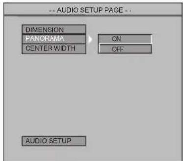 -- AUDIO SETUP PAGE -- DIMENSION PANORAMA CENTER WIDTH ON OFF AUDIO SETUP