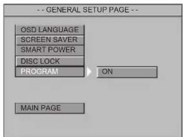 -- GENERAL SETUP PAGE -- OSD LANGUAGE SCREEN SAVER SMART POWER DISC LOCK PROGRAM ON MAIN PAGE