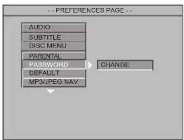 -- PREFERENCES PAGE -- AUDIO SUBTITLE DISC MENU PARENTAL PASSWORD DEFAULT MP3/JPEG NAV CHANGE