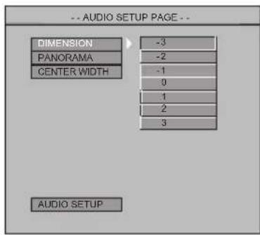 -- AUDIO SETUP PAGE -- DIMENSION -3 PANORAMA -2 CENTER WIDTH -1 0 1 2 3 AUDIO SETUP